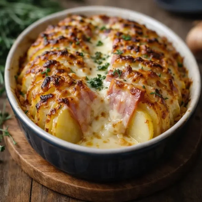 Rôti de pommes de terre au jambon et fromage fondant