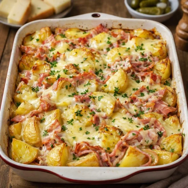 Rôti de pommes de terre raclette & jambon (four)