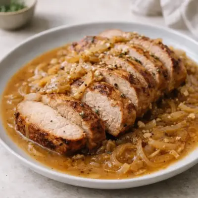 Rouelle de porc confite à la sauce ail et oignons