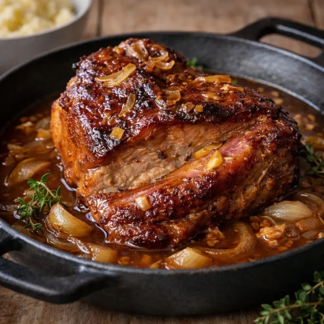 Rôuelle de porc confite sauce ail et oignons