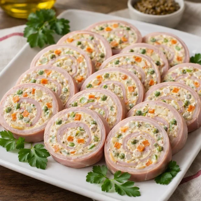 Roulés de jambon à la macédoine et mayonnaise moutardée