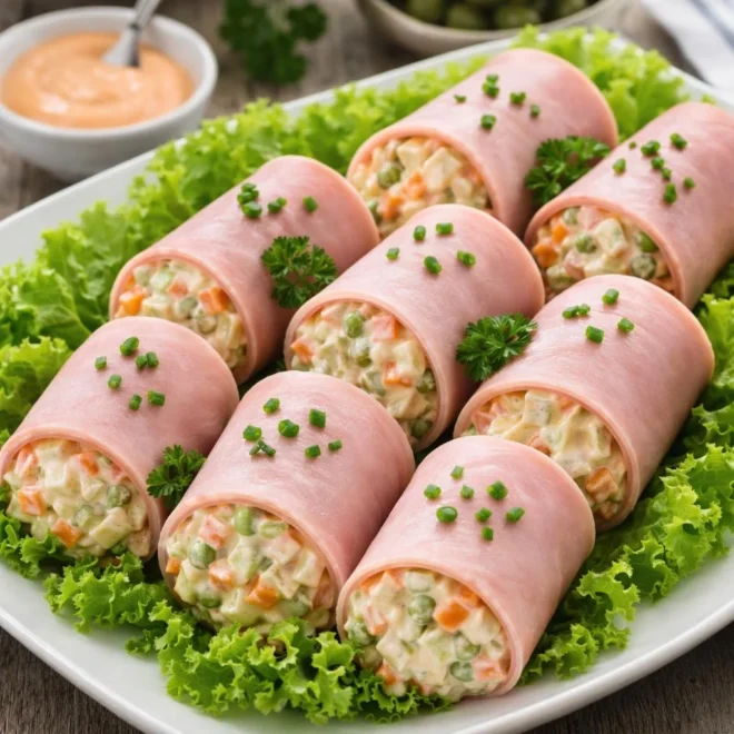 Roulés de jambon à la macédoine et sauce cocktail