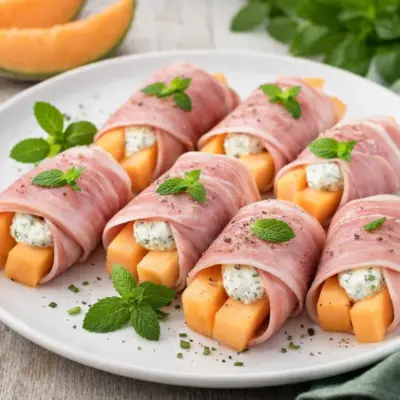 Roulés de jambon au melon : fromage frais menthe