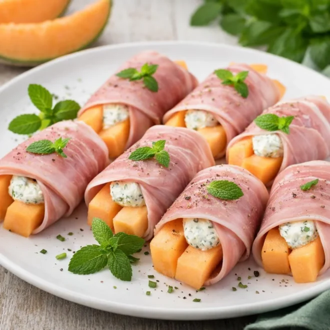 Roulés de jambon au melon : fromage frais menthe