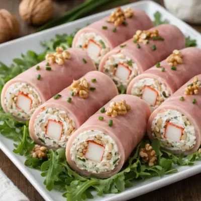 Roulés de jambon au surimi, chèvre frais et noix