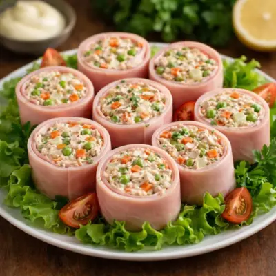Roulés de jambon au thon et macédoine de légumes