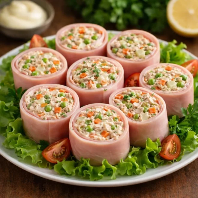 Roulés de jambon au thon et macédoine de légumes