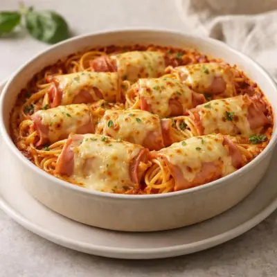 Roulés de jambon aux spaghetti gratinés à la crème