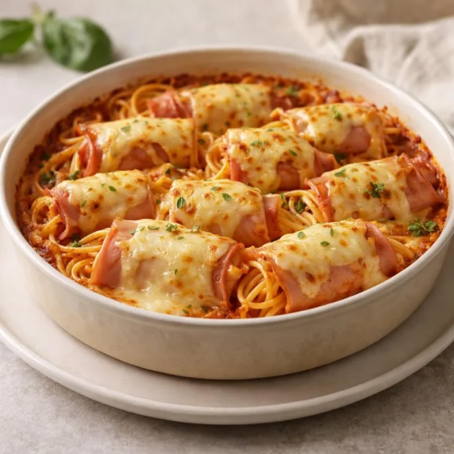 Roulés de jambon aux spaghetti gratinés à la crème