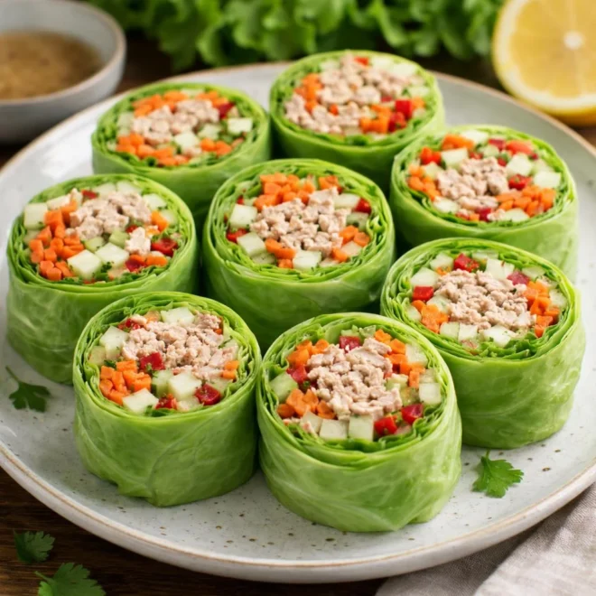 Roulés de laitue au thon et crudités croquantes