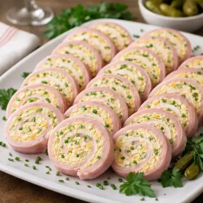 Roulés de jambon aux œufs mimosa et cornichons