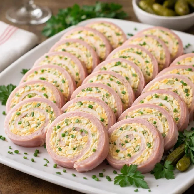 Roulés de jambon aux œufs mimosa et cornichons