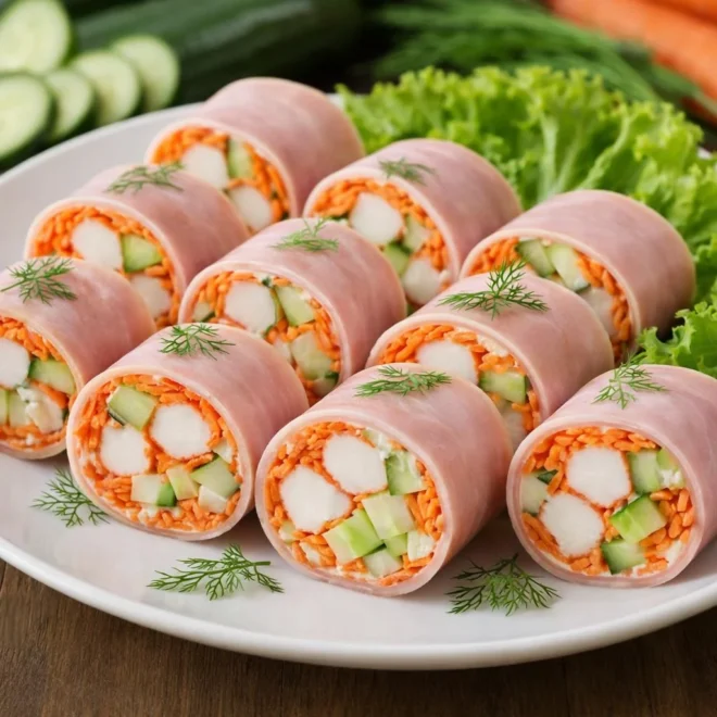 Roulés de jambon au surimi, carotte et concombre