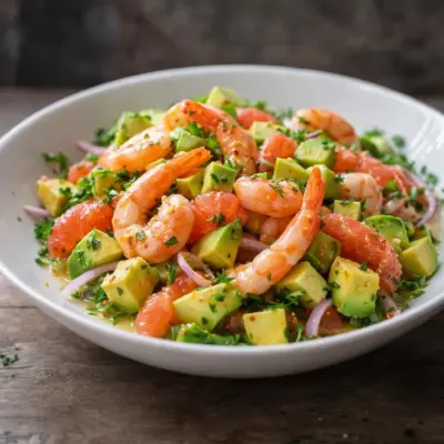 Salade d’avocats crevettes pamplemousse au miel-citron