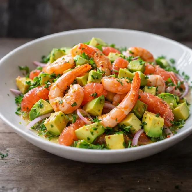 Salade d’avocats crevettes pamplemousse au miel-citron