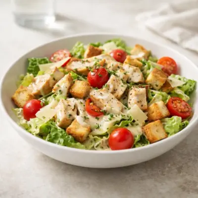 Salade césar au poulet gratiné : croûtons & sauce