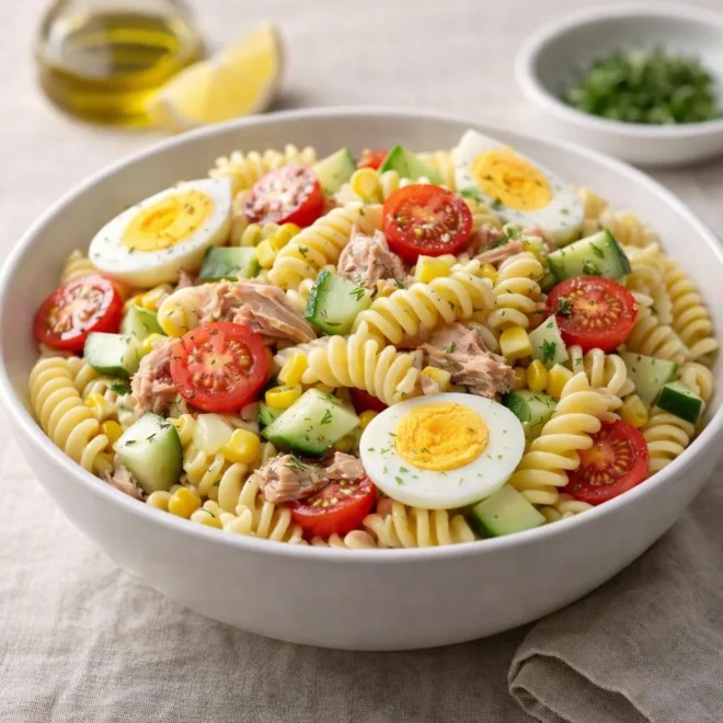 Salade de pâtes au thon œufs durs maïs tomates cerises