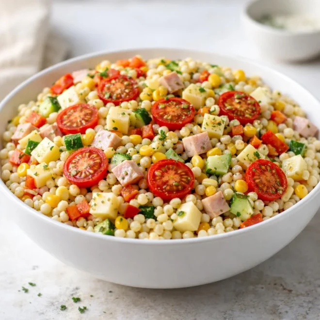 Salade de perles fraîche : jambon, légumes croquants