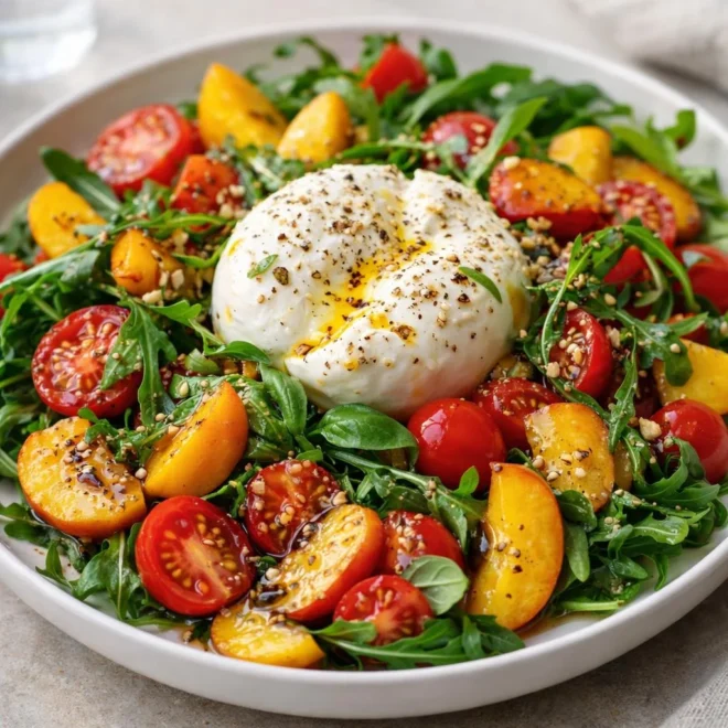 Salade d’été tomates cerises burrata pêches