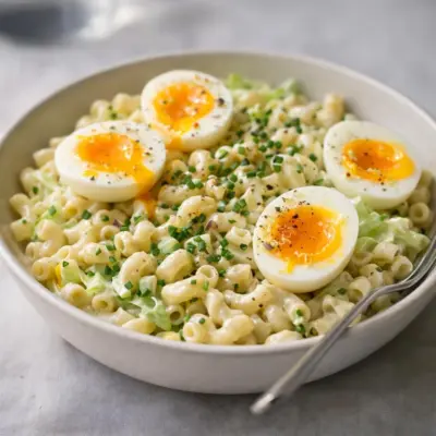 Salade de macaronis et œufs à la coque crémeux