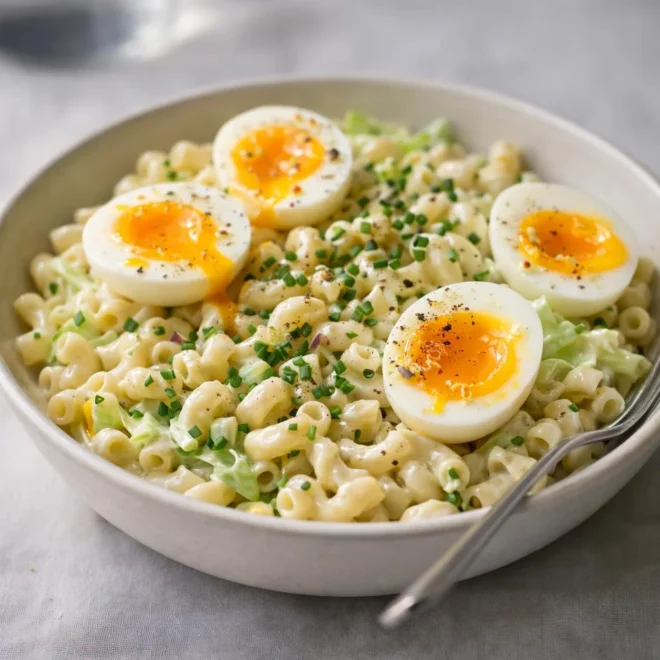 Salade de macaronis et œufs à la coque crémeux