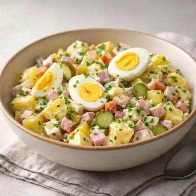Recette salade piémontaise colorée : jambon, œufs et mayonna