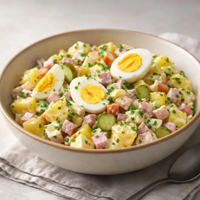 Recette salade piémontaise colorée : jambon, œufs et mayonna