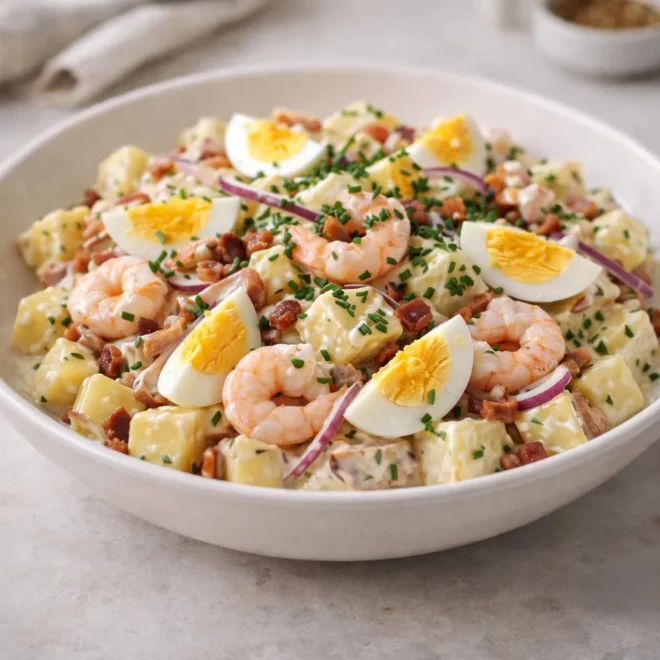 Salade de pommes de terre aux crevettes œufs lardons