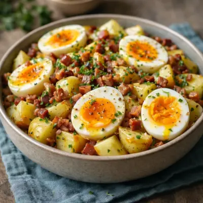 Salade de pommes de terre aux lardons et œufs