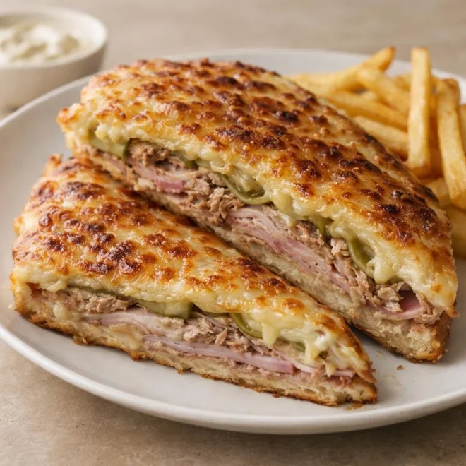 Sandwich cubain gratiné : porc effiloché, jambon & fromage