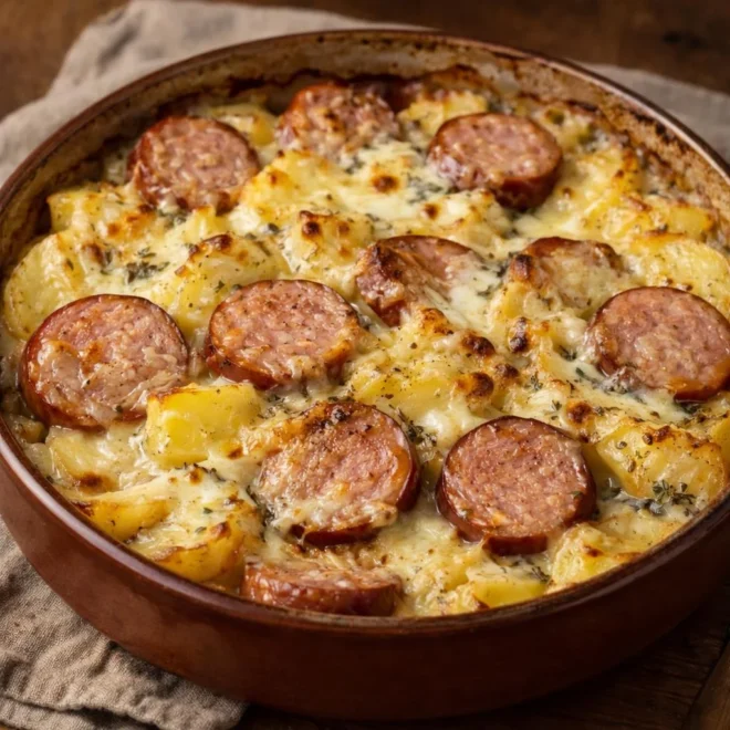 Saucisse de Morteau pommes de terre morbier gratinés