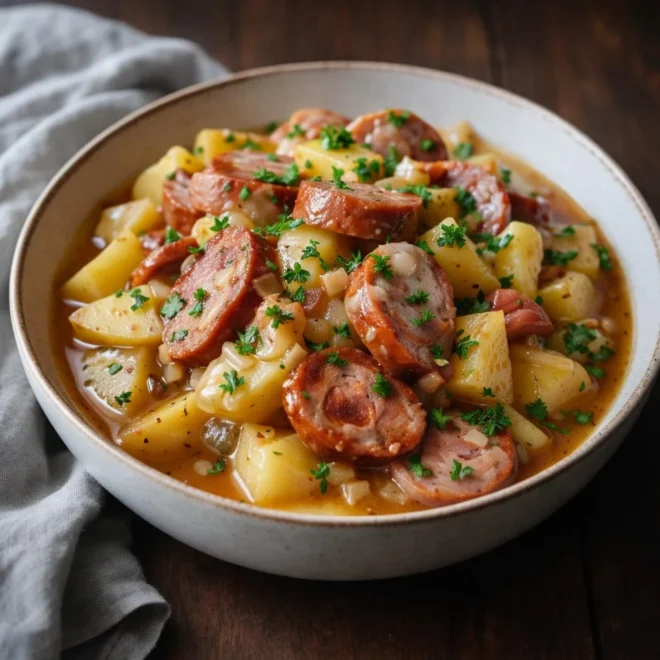 Saucisse fumée et pommes de terre en bouillon : mijoté