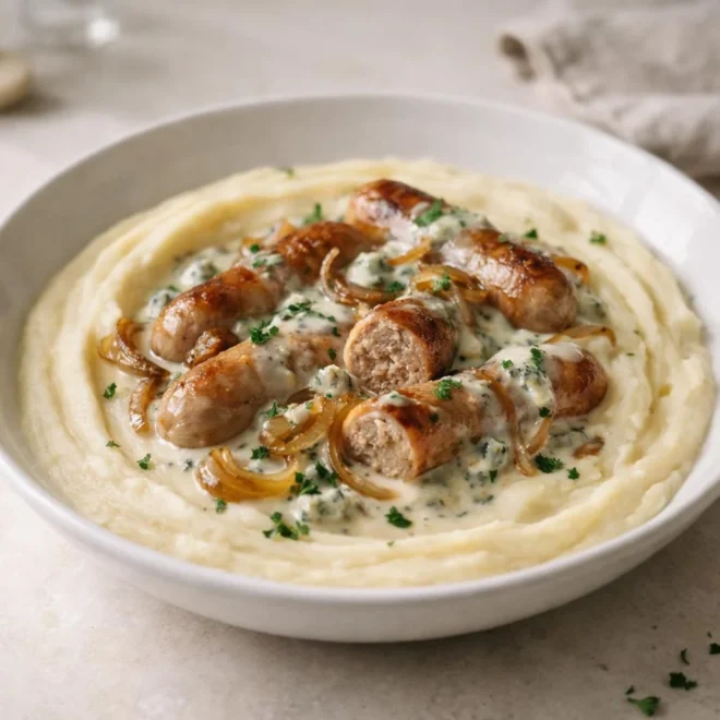 Saucisses aux oignons caramélisés et crème de bleu