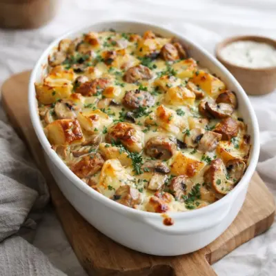 Saucisses, champignons et pommes de terre au four