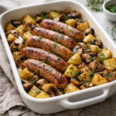 Saucisses champignons pommes de terre au four à la moutarde