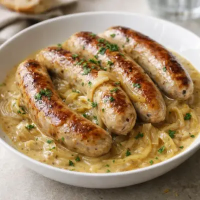 Saucisses de Toulouse à la moutarde et aux oignons