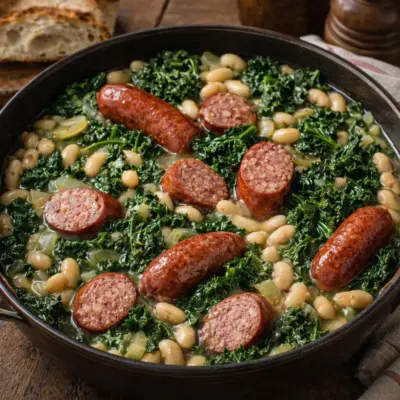 Saucisses fumées au chou frisé et haricots blancs