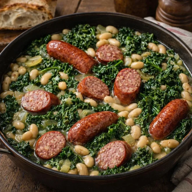 Saucisses fumées au chou frisé et haricots blancs