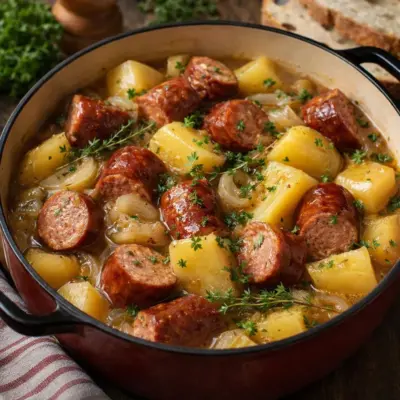 Saucisses fumées en cocotte aux pommes de terre fondantes