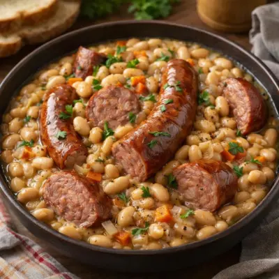 Saucisses fumées aux haricots blancs mijotés (recette)