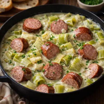Saucisses fumées mijotées aux poireaux et à la crème
