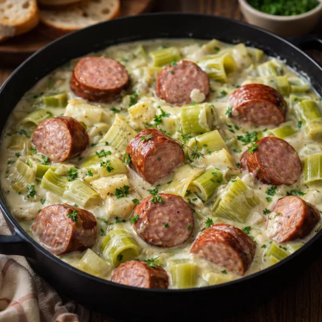 Saucisses fumées mijotées aux poireaux et à la crème