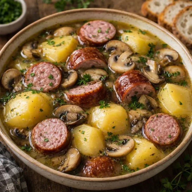 Saucisses fumées, pommes de terre et champignons en bouillon à l’ail et au thym