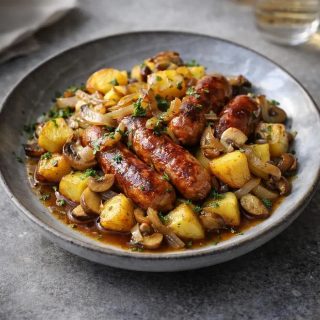 Saucisses fumées aux pommes de terre et champignons