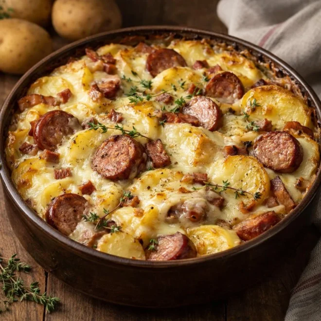 Saucisses pommes de terre reblochon façon tartiflette