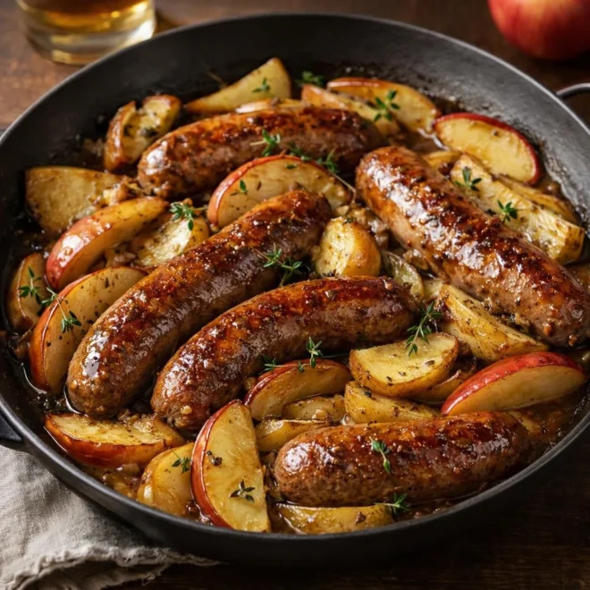 Saucisses rôties au cidre avec pommes & pommes de terre
