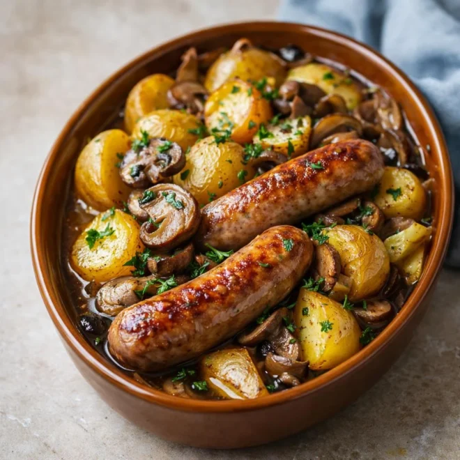 Saucisses rôties au four, pommes de terre et champignons au jus