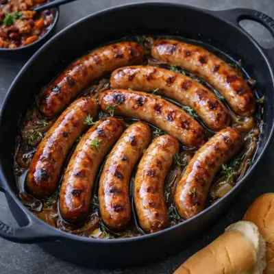Saucisses rôties au miel, moutarde et thym – Facile