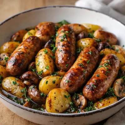 Saucisses rôties aux pommes de terre et champignons