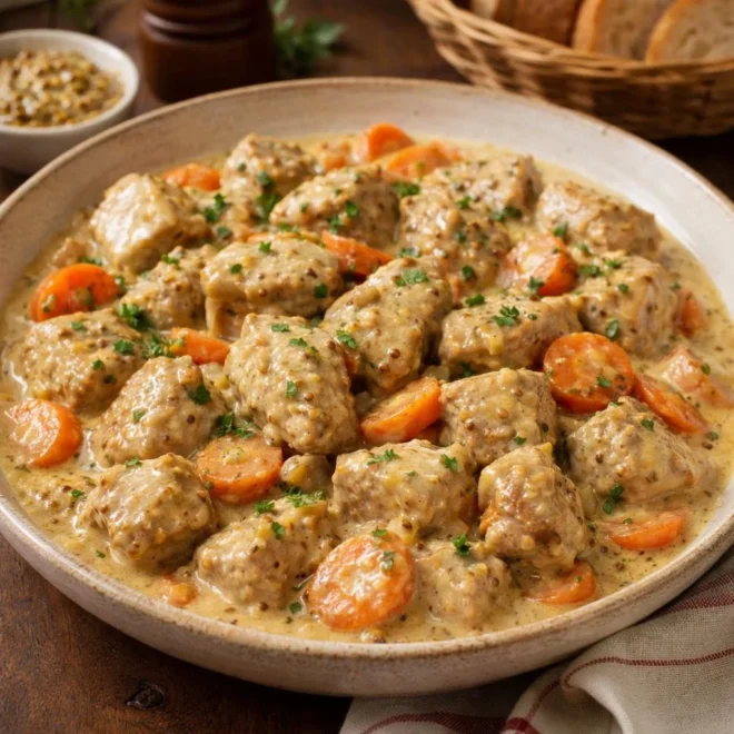 Sauté de porc à la moutarde ancienne et aux carottes